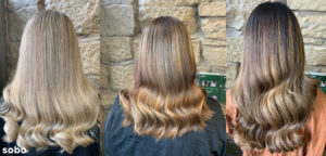 three hairstyles featuring balayage colouring